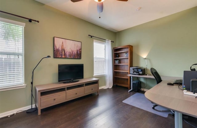 5515 E Terrace Gable Cir, Katy, TX 77494 - office area with dark wood-style flooring, ceiling fan, and baseboards