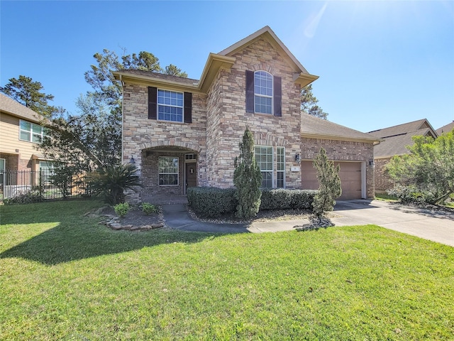 traditional-style house with stone siding, an attached garage, and driveway