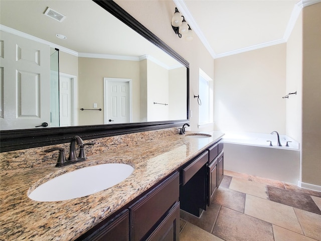 bathroom with ornamental molding, double vanity, a bath, and stone finish flooring