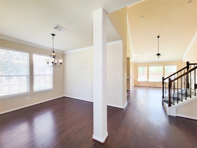 entryway featuring dark wood-style floors, crown molding, a chandelier, stairway, and baseboards