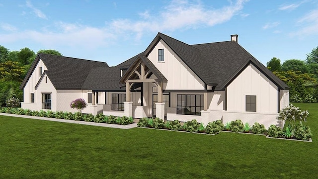 16627 Kelton, Iola, TX 77861 - modern inspired farmhouse featuring board and batten siding, a front yard, a chimney, and a shingled roof