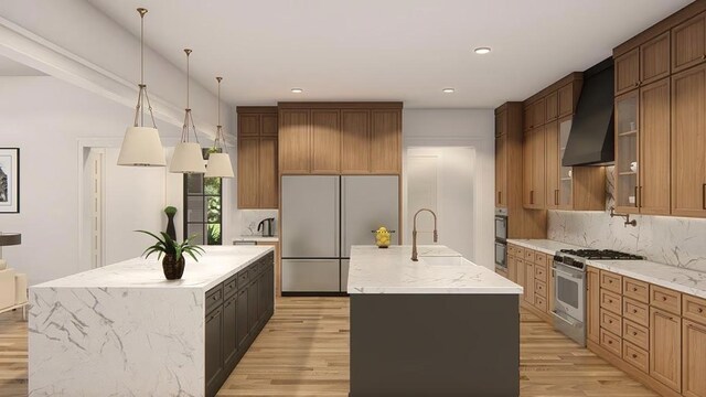 16627 Kelton, Iola, TX 77861 - kitchen featuring stainless steel stove, an island with sink, wall chimney exhaust hood, a sink, and recessed lighting