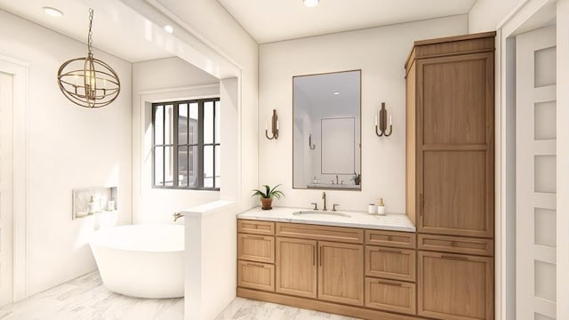 16627 Kelton, Iola, TX 77861 - bathroom with marble finish floors, a soaking tub, vanity, a chandelier, and recessed lighting