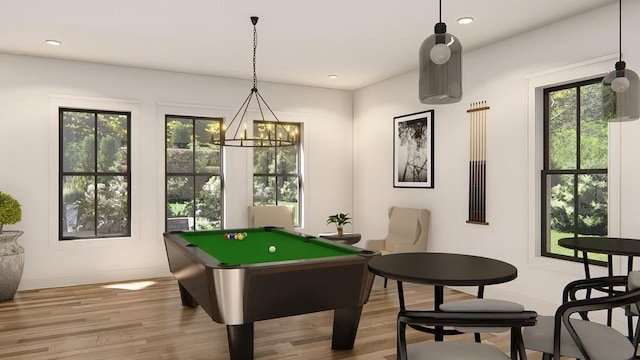16627 Kelton, Iola, TX 77861 - playroom featuring wood finished floors, pool table, baseboards, a chandelier, and recessed lighting