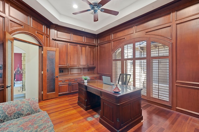 2602 Britton Ridge Dr, Katy, TX 77494 - office with a ceiling fan, light wood-style floors, recessed lighting, and built in desk