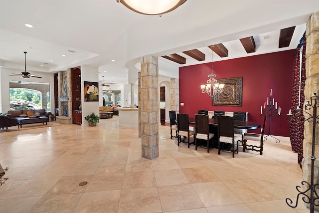 2602 Britton Ridge Dr, Katy, TX 77494 - dining area featuring ornate columns, a chandelier, ceiling fan, arched walkways, and beamed ceiling