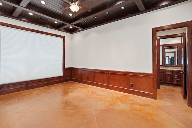 2602 Britton Ridge Dr, Katy, TX 77494 - spare room with coffered ceiling, wooden ceiling with exposed beams, wainscoting, recessed lighting, and ceiling fan