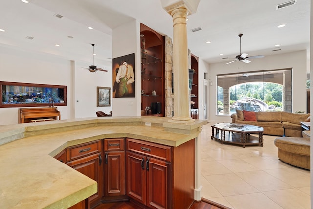 2602 Britton Ridge Dr, Katy, TX 77494 - kitchen featuring decorative columns, a ceiling fan, open floor plan, and recessed lighting
