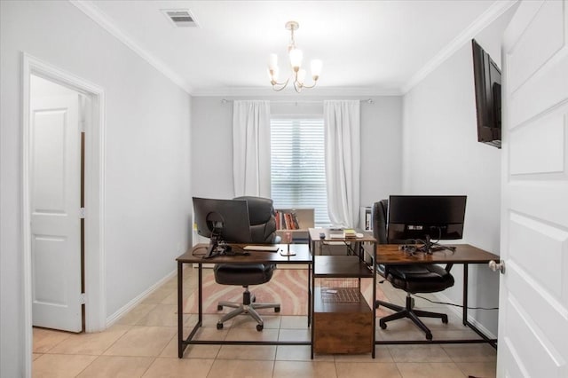 1915 Hays Ranch Dr, Richmond, TX 77469 - home office featuring a chandelier, crown molding, baseboards, and light tile patterned floors