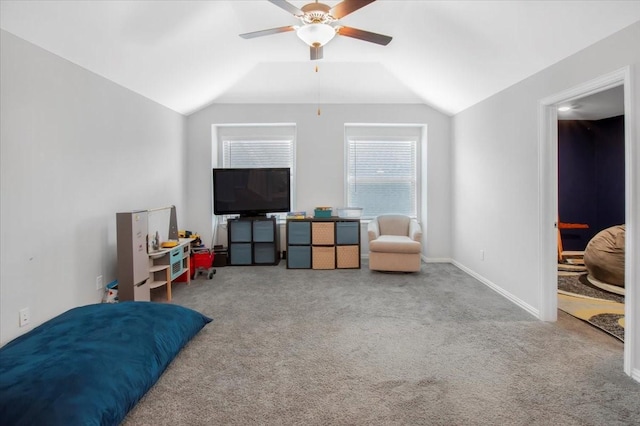 1915 Hays Ranch Dr, Richmond, TX 77469 - carpeted bedroom featuring vaulted ceiling and a ceiling fan
