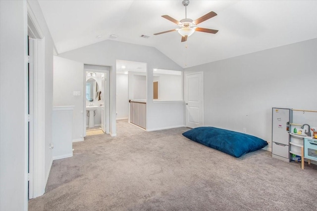 1915 Hays Ranch Dr, Richmond, TX 77469 - bedroom featuring carpet floors, lofted ceiling, ensuite bath, baseboards, and a ceiling fan