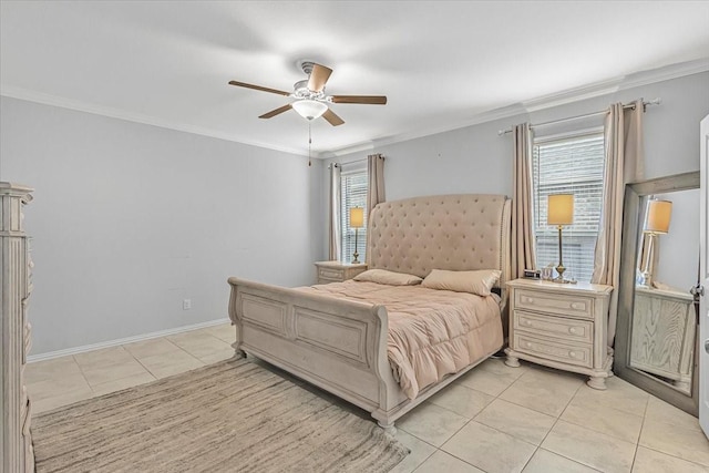 1915 Hays Ranch Dr, Richmond, TX 77469 - bedroom featuring light tile patterned floors, ceiling fan, crown molding, and baseboards
