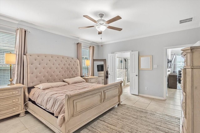 1915 Hays Ranch Dr, Richmond, TX 77469 - bedroom with light tile patterned floors, multiple windows, ornamental molding, connected bathroom, and a ceiling fan
