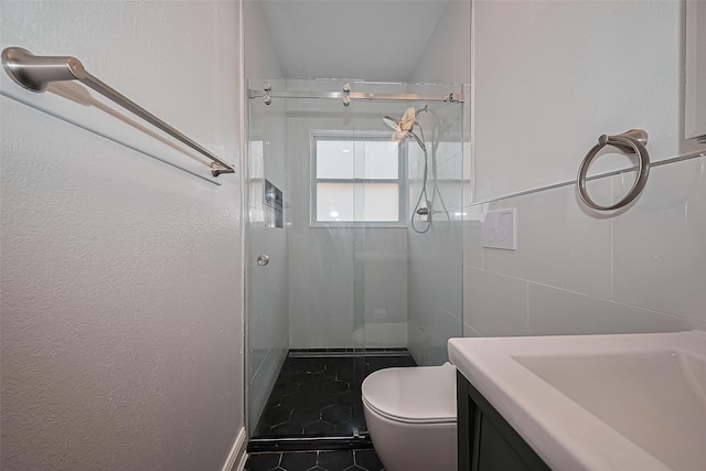 4110 Gramercy St, Houston, TX 77025 - bathroom with a stall shower, toilet, vanity, and tile patterned flooring