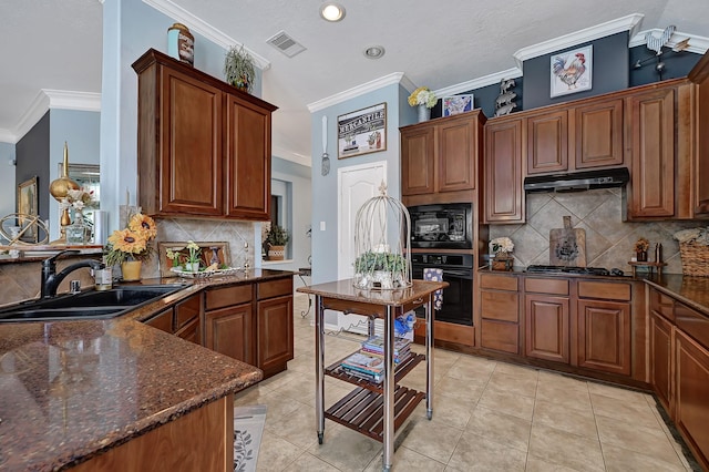 1704 Spring Gln, Pearland, TX 77581 - kitchen featuring black appliances, a sink, under cabinet range hood, ornamental molding, and decorative backsplash