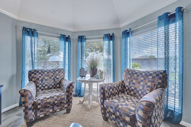 1704 Spring Gln, Pearland, TX 77581 - sitting room with vaulted ceiling, ornamental molding, wood finished floors, and baseboards
