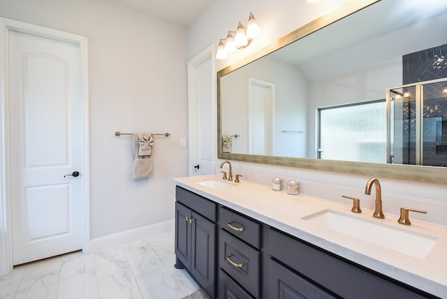1907 Creekwood Cv, Missouri City, TX 77459 - full bathroom featuring double vanity, a shower stall, marble look tiles, and baseboards