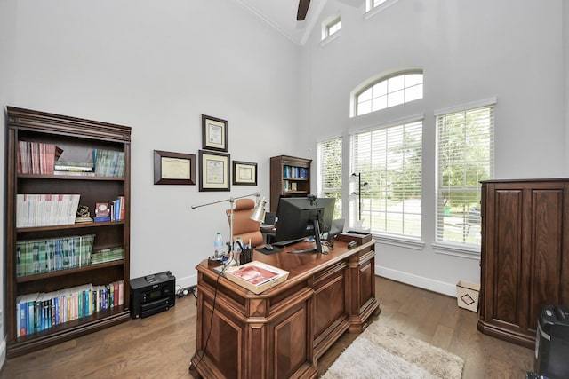 6510 Kangaroo Point Ln, Sugar Land, TX 77479 - office area with healthy amount of natural light, high vaulted ceiling, dark wood-style floors, ceiling fan, and crown molding