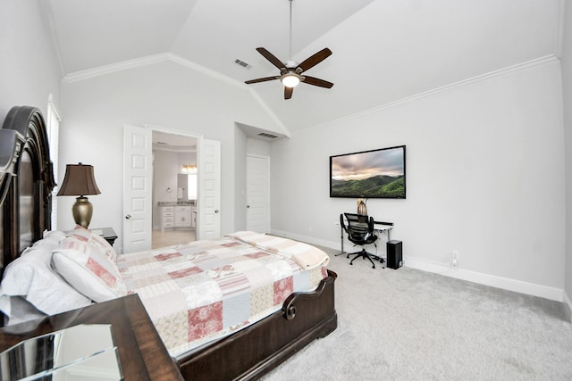 6510 Kangaroo Point Ln, Sugar Land, TX 77479 - bedroom featuring vaulted ceiling, ornamental molding, light carpet, baseboards, and connected bathroom