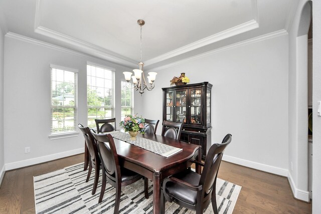 6510 Kangaroo Point Ln, Sugar Land, TX 77479 - dining space featuring a raised ceiling, a chandelier, crown molding, and wood finished floors