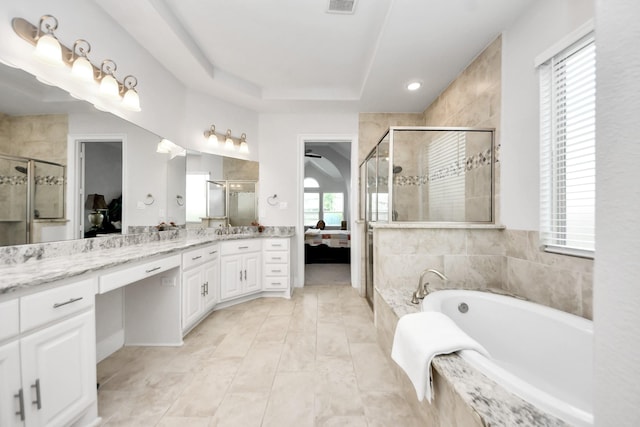 6510 Kangaroo Point Ln, Sugar Land, TX 77479 - ensuite bathroom with a shower stall, vanity, a bath, and a tray ceiling