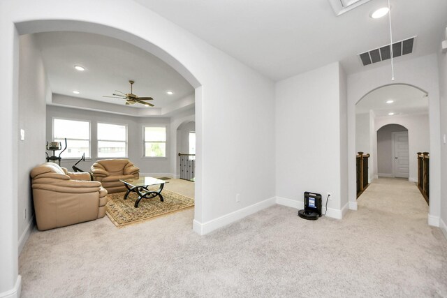 6510 Kangaroo Point Ln, Sugar Land, TX 77479 - living room with attic access, light colored carpet, a ceiling fan, recessed lighting, and baseboards
