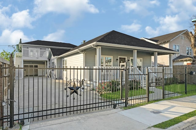 304 Milby St, Houston, TX 77003 - view of front facade featuring a porch, a fenced front yard, roof with shingles, and a gate