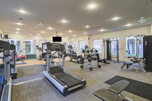 2400 Mccue Rd Unit 230, Houston, TX 77056 - gym with a ceiling fan, recessed lighting, and carpet flooring