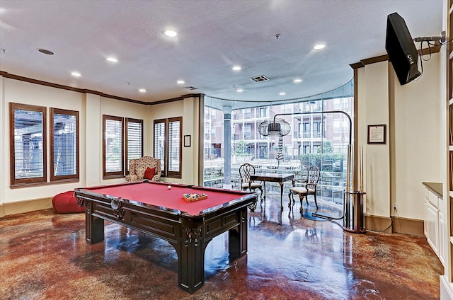 2400 Mccue Rd Unit 230, Houston, TX 77056 - rec room featuring concrete flooring, billiards, recessed lighting, a textured ceiling, and ornamental molding