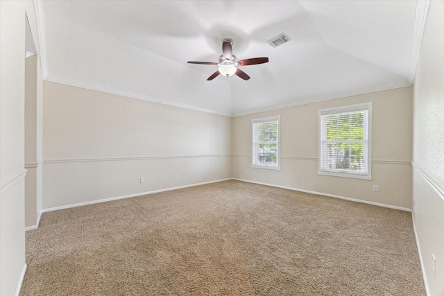 2709 Potomac Dr, League City, TX 77573 - unfurnished room with a ceiling fan, carpet flooring, crown molding, lofted ceiling, and baseboards