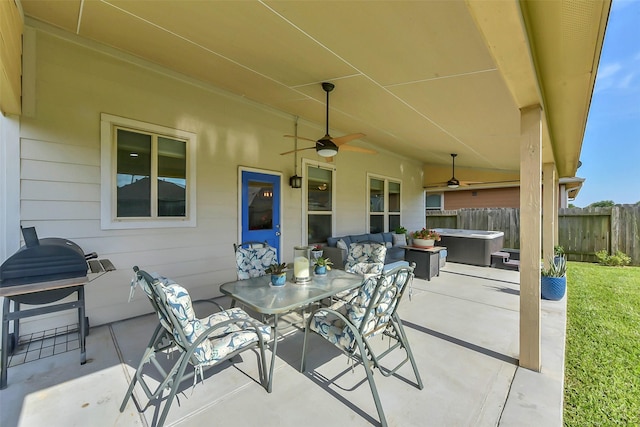5335 Ivory Glass Dr, Katy, TX 77493 - view of patio / terrace featuring a hot tub, ceiling fan, and outdoor dining space