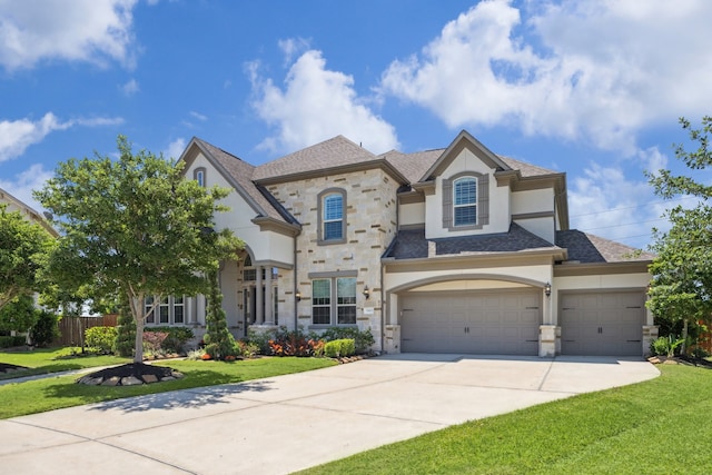 27403 Laurel Bay Ct, Katy, TX 77494 - french country inspired facade with stucco siding, stone siding, concrete driveway, and roof with shingles