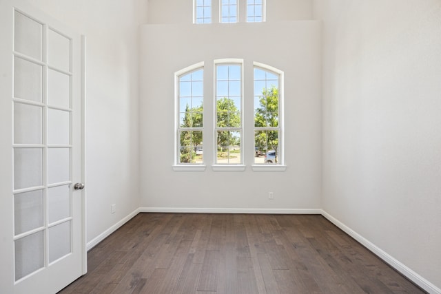 27403 Laurel Bay Ct, Katy, TX 77494 - unfurnished room with healthy amount of natural light, dark wood-style floors, baseboards, and a towering ceiling