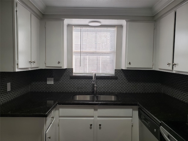 11710 Southlake Dr, Houston, TX 77077 - kitchen featuring a sink, appliances with stainless steel finishes, white cabinetry, and decorative backsplash