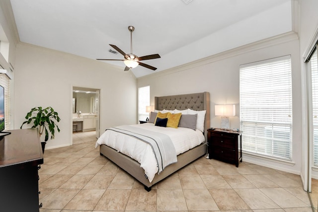 111 Knoll Forest Dr, Sugar Land, TX 77479 - bedroom featuring light tile patterned floors, ornamental molding, connected bathroom, baseboards, and ceiling fan