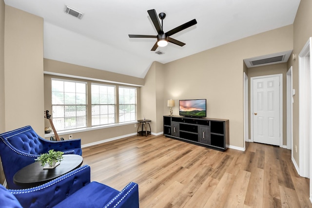 111 Knoll Forest Dr, Sugar Land, TX 77479 - living room with a ceiling fan, wood finished floors, baseboards, and lofted ceiling