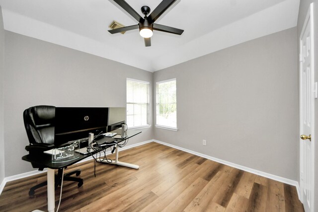 111 Knoll Forest Dr, Sugar Land, TX 77479 - office with a ceiling fan, baseboards, and wood finished floors