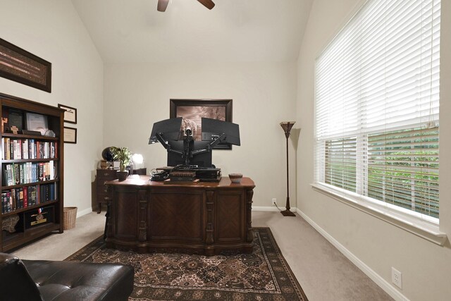 14023 Loramie Creek Ct, Houston, TX 77044 - carpeted office with a ceiling fan, vaulted ceiling, and baseboards