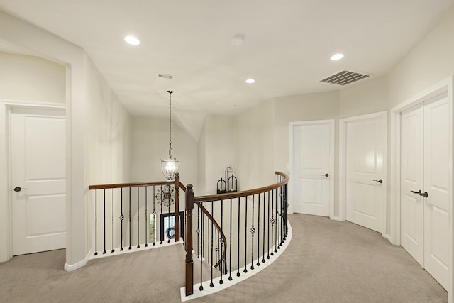 14023 Loramie Creek Ct, Houston, TX 77044 - hall featuring carpet flooring, an upstairs landing, recessed lighting, and baseboards