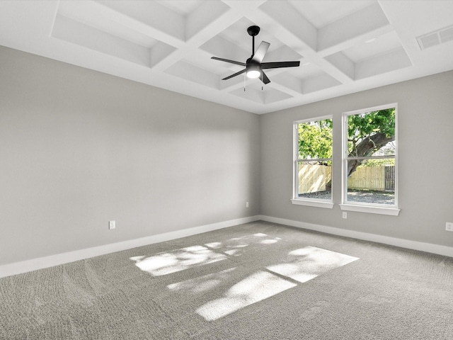 2235 Minnesota St, Houston, TX 77034 - spare room featuring coffered ceiling, carpet floors, baseboards, beam ceiling, and ceiling fan