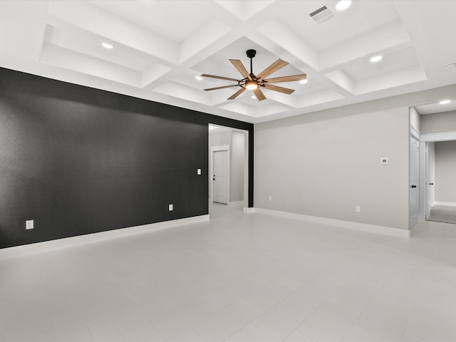 2235 Minnesota St, Houston, TX 77034 - empty room featuring coffered ceiling, a ceiling fan, recessed lighting, beam ceiling, and baseboards