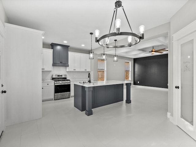 2235 Minnesota St, Houston, TX 77034 - kitchen featuring gas stove, a ceiling fan, light countertops, coffered ceiling, and recessed lighting