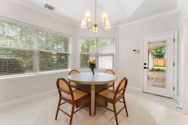 6 Cranberry Bnd, The Woodlands, TX 77381 - dining space with light tile patterned flooring, ornamental molding, a chandelier, and baseboards