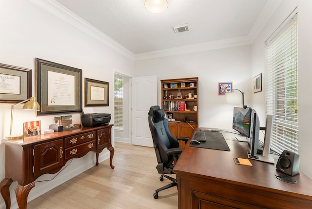 6 Cranberry Bnd, The Woodlands, TX 77381 - office featuring ornamental molding and light wood-style flooring