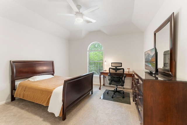 6 Cranberry Bnd, The Woodlands, TX 77381 - bedroom with light carpet, a desk, baseboards, lofted ceiling, and ceiling fan
