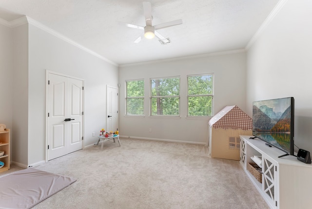 6 Cranberry Bnd, The Woodlands, TX 77381 - bedroom featuring crown molding, light carpet, baseboards, and a ceiling fan