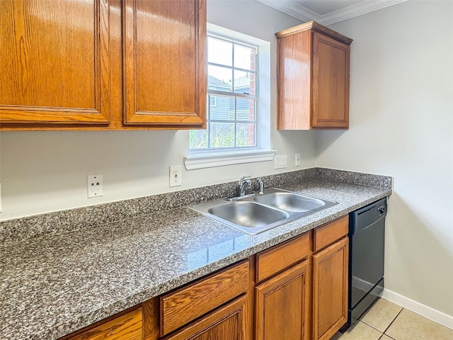 5422 Quail Cove Ln, Houston, TX 77053 - kitchen featuring black dishwasher, a sink, brown cabinetry, and ornamental molding