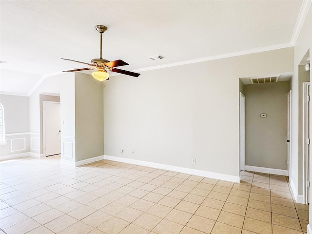 5422 Quail Cove Ln, Houston, TX 77053 - unfurnished room featuring a ceiling fan, ornamental molding, light tile patterned floors, and vaulted ceiling