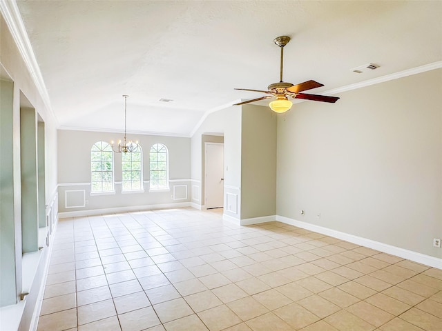 5422 Quail Cove Ln, Houston, TX 77053 - spare room with a chandelier, ceiling fan, crown molding, vaulted ceiling, and light tile patterned flooring