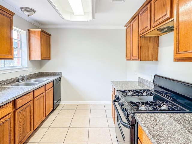 5422 Quail Cove Ln, Houston, TX 77053 - kitchen with black appliances, a sink, brown cabinetry, ornamental molding, and baseboards
